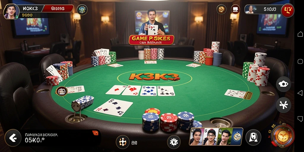 Screenshot K3K3 memperlihatkan gameplay Poker yang seru dan interaktif.