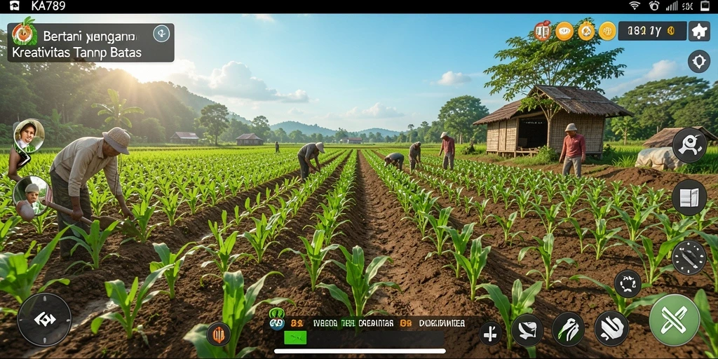 Screenshot KA789 menunjukkan pemain sedang merawat ladang mereka dengan beragam tanaman.