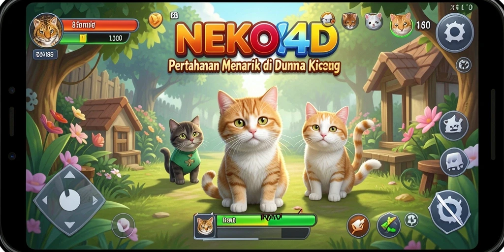 Screenshot gameplay NEKO4D menampilkan kucing dalam aksi mempertahankan menara.