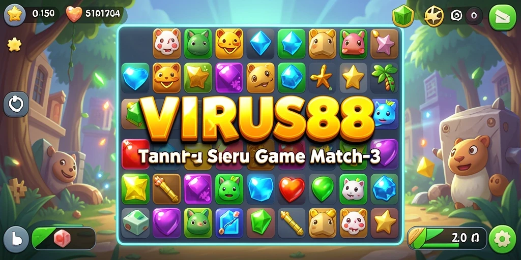 Tampilan gameplay VIRUS88 dengan suasana match-3 yang ceria.