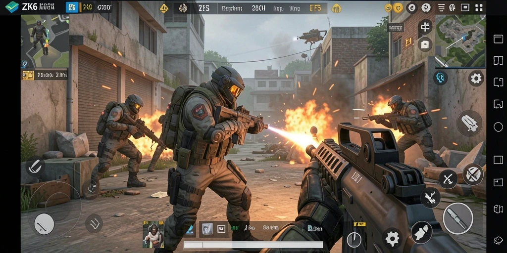 Screenshot ZK6 menampilkan aksi pertempuran seru di medan perang FPS.